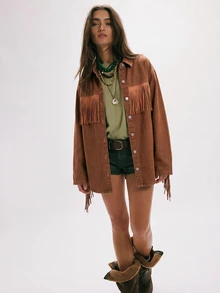 Bohemela Jaket Denim Wanita Lengan Panjang Model Drop Shoulder Kancing Tunggal Kasual dengan Desain Rumbai untuk Acara Keluar Rumah - Khaki - View 6