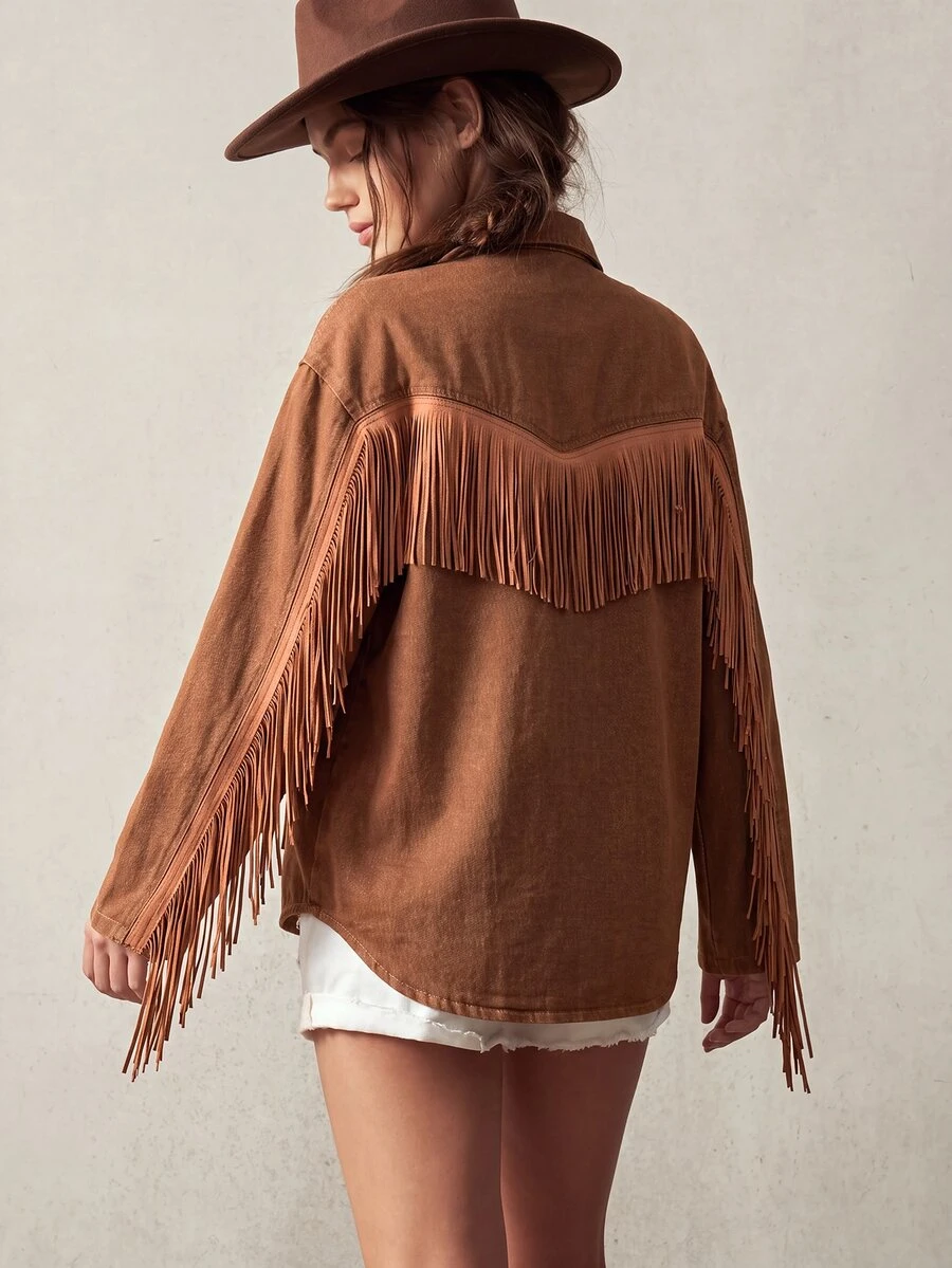 Bohemela Jaket Denim Wanita Lengan Panjang Model Drop Shoulder Kancing Tunggal Kasual dengan Desain Rumbai untuk Acara Keluar Rumah - Khaki - View 1