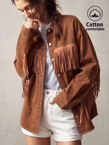 Bohemela Jaket Denim Wanita Lengan Panjang Model Drop Shoulder Kancing Tunggal Kasual dengan Desain Rumbai untuk Acara Keluar Rumah - Khaki - View 2