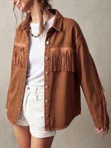 Bohemela Jaket Denim Wanita Lengan Panjang Model Drop Shoulder Kancing Tunggal Kasual dengan Desain Rumbai untuk Acara Keluar Rumah - Khaki - View 9