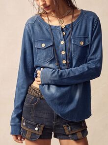 Bohemela Women's Crew Neck Casual Versatile Daily Denim Top Going Out Tops - Dark Wash - View 7