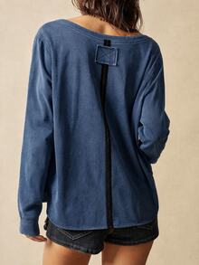 Bohemela Women's Crew Neck Casual Versatile Daily Denim Top Going Out Tops - Dark Wash - View 2