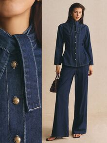 Poéselle Women's Long Sleeve Single-Breasted Denim Shirt With Tie Neckline Design Going Out Tops - Dark Wash - View 1