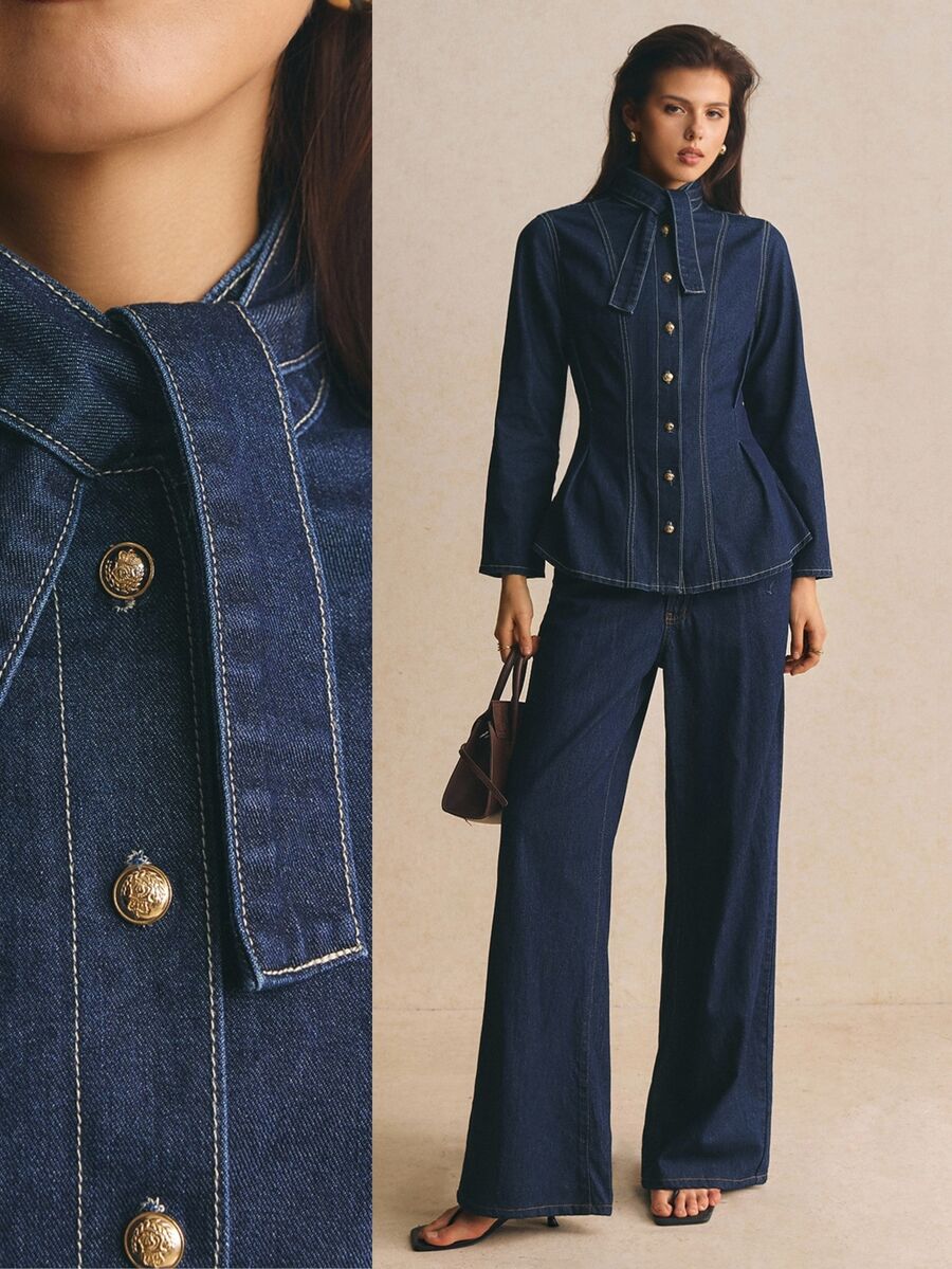 Poéselle Women's Long Sleeve Single-Breasted Denim Shirt With Tie Neckline Design Going Out Tops - Dark Wash - View 1