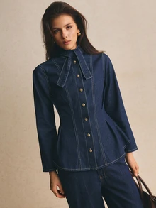 Poéselle Women's Long Sleeve Single-Breasted Denim Shirt With Tie Neckline Design Going Out Tops - Dark Wash - View 6