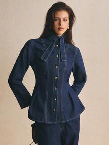 Poéselle Women's Long Sleeve Single-Breasted Denim Shirt With Tie Neckline Design Going Out Tops - Dark Wash - View 5