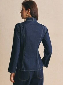 Poéselle Women's Long Sleeve Single-Breasted Denim Shirt With Tie Neckline Design Going Out Tops - Dark Wash - View 2
