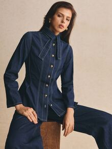 Poéselle Women's Long Sleeve Single-Breasted Denim Shirt With Tie Neckline Design Going Out Tops - Dark Wash - View 8