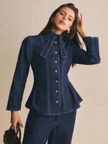 Poéselle Women's Long Sleeve Single-Breasted Denim Shirt With Tie Neckline Design Going Out Tops - Dark Wash - View 7