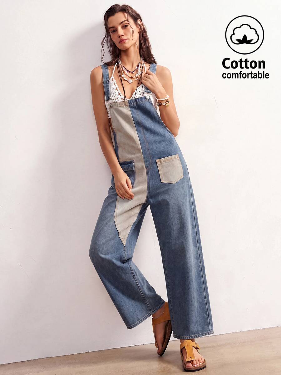Bohemela Women's Street Style Colorblock Pocket Denim Overalls Work Outfits For Women - Light Wash - View 1