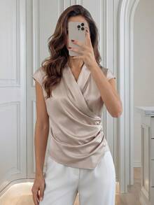 Medorina 女士 V 领商务休闲收腰缎面正装衬衫 - 卡其色 - 查看 4