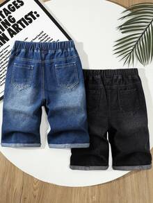 Genkimix Kids Denimly 青少年男孩 2 件套 藍色與黑色牛仔短褲，夏季休閒低腰校園彈性腰鬆垮牛仔褲附口袋，日常都市度假款 - 彩色 - 查看 3