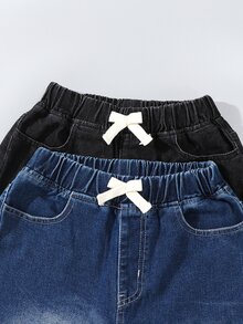 Genkimix Kids Denimly 青少年男孩 2 件套 藍色與黑色牛仔短褲，夏季休閒低腰校園彈性腰鬆垮牛仔褲附口袋，日常都市度假款 - 彩色 - 查看 4