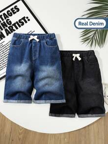 Genkimix Kids Denimly 青少年男孩 2 件套 藍色與黑色牛仔短褲，夏季休閒低腰校園彈性腰鬆垮牛仔褲附口袋，日常都市度假款 - 彩色 - 查看 2