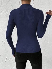SHEIN Fitted Long Sleeve Ribbed Stand Collar Sweater, Knit Pullover Fall Winter - Royal Blue - View 3