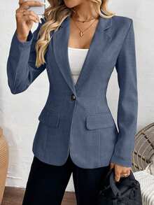 SHEIN Multicolor Woven Textured Casual Blazer, Minimalist And Fashionable, Suitable For Summer Fall Cloth For Women - Blue - View 6