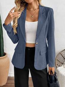 SHEIN Multicolor Woven Textured Casual Blazer, Minimalist And Fashionable, Suitable For Summer Fall Cloth For Women - Blue - View 8