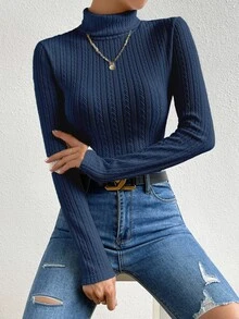 RosyDaze Solid Color Turtleneck Raglan Long Sleeve Fitted Twist Knit Casual T-Shirt - Navy Blue - View 5