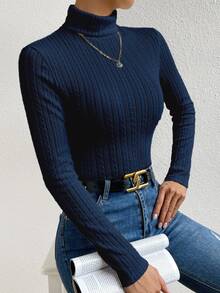 RosyDaze Solid Color Turtleneck Raglan Long Sleeve Fitted Twist Knit Casual T-Shirt - Navy Blue - View 7
