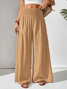SHEIN Women's Casual Boho Wide Leg Loose Long Pants Brunch Vacation Brown Autumn - Khaki - View 7