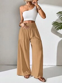 SHEIN Women's Casual Boho Wide Leg Loose Long Pants Brunch Vacation Brown Autumn - Khaki - View 5