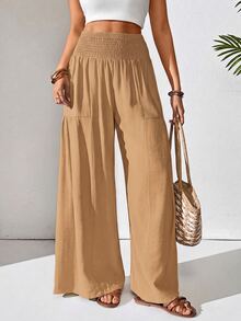 SHEIN Women's Casual Boho Wide Leg Loose Long Pants Brunch Vacation Brown Autumn - Khaki - View 10