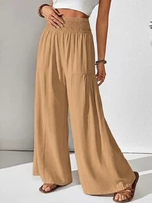 SHEIN Women's Casual Boho Wide Leg Loose Long Pants Brunch Vacation Brown Autumn - Khaki - View 6