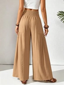 SHEIN Women's Casual Boho Wide Leg Loose Long Pants Brunch Vacation Brown Autumn - Khaki - View 3