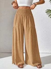 SHEIN Women's Casual Boho Wide Leg Loose Long Pants Brunch Vacation Brown Autumn - Khaki - View 4