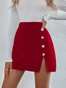 SHEIN تنورة ذات أزرار وتصميم انيق بنمط قسم الذيل لملابس السنة الجديدة ذات لون أساسي للخريف - الأحمر - مشاهدة 6