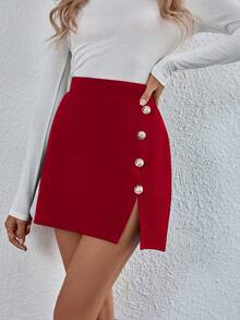 SHEIN تنورة ذات أزرار وتصميم انيق بنمط قسم الذيل لملابس السنة الجديدة ذات لون أساسي للخريف - الأحمر - مشاهدة 5