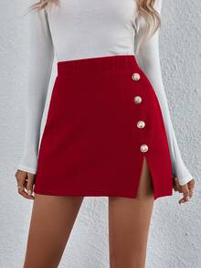 SHEIN تنورة ذات أزرار وتصميم انيق بنمط قسم الذيل لملابس السنة الجديدة ذات لون أساسي للخريف - الأحمر - مشاهدة 8