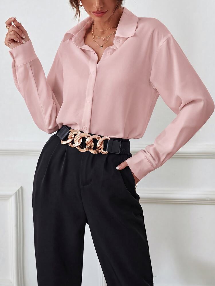 RosyDaze Women's Solid Color Long Sleeve Single-Breasted Casual Commute Shirt Teachers' Day Office Dusty Pink Autumn - Pink - View 5