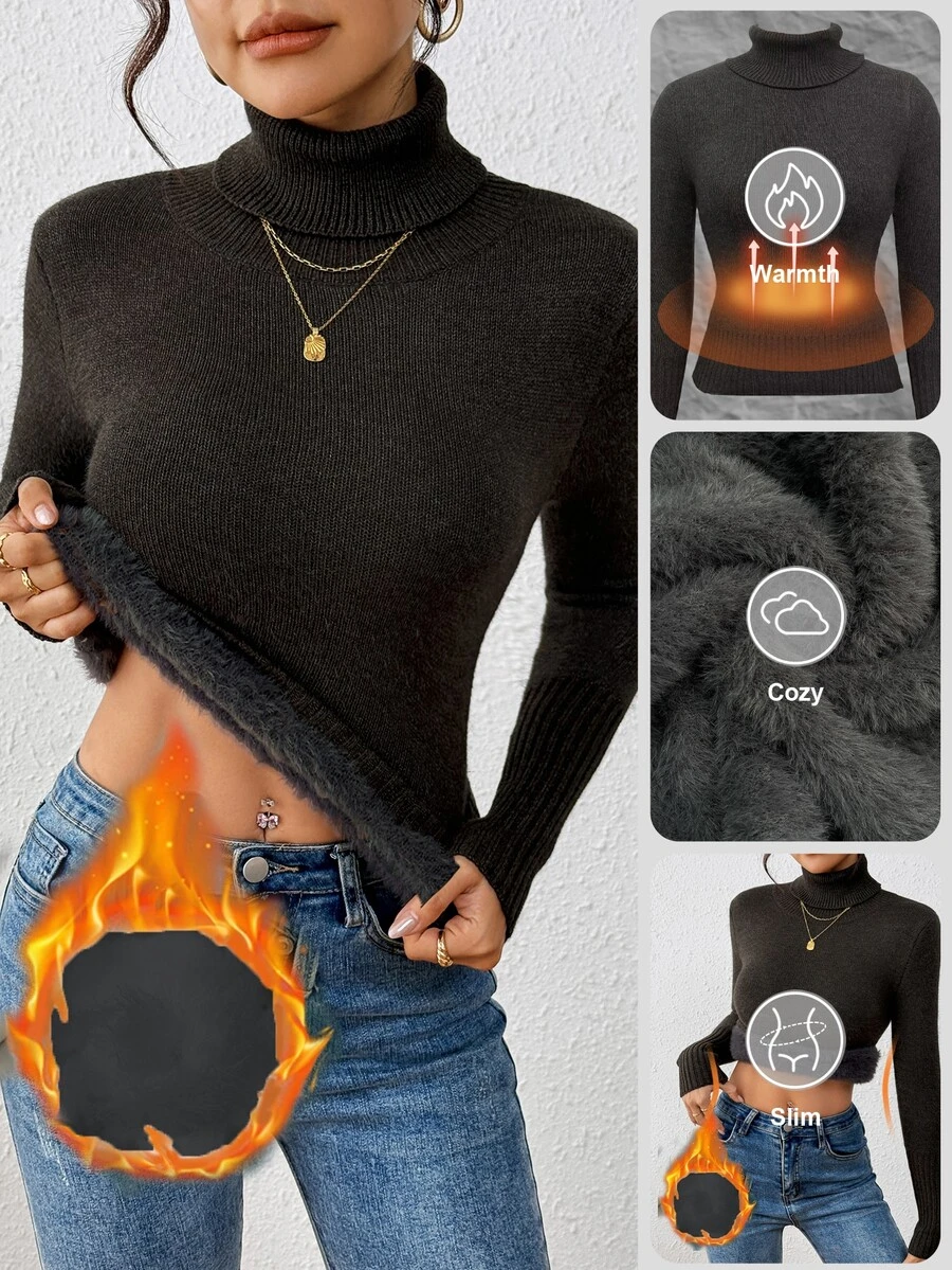RosyDaze Fashionable All-Match High Neck Thick Seamless Fitted Long Sleeve Knit Sweater, Versatile For Autumn/Winter Orange Guccoo - Dark Grey - View 1
