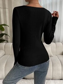 SHEIN 纯色罗纹针织V领毛衣，长袖套头针织衫，秋冬毛衣 - 黑色 - 查看 4