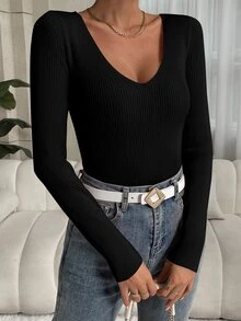 SHEIN 纯色罗纹针织V领毛衣，长袖套头针织衫，秋冬毛衣 - 黑色 - 查看 9