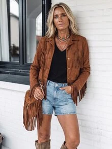 SHEIN LilyWest Women's Autumn/Winter New Tassel Daily Casual Jacket - Brown - View 4