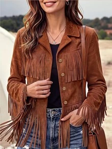 SHEIN LilyWest Women's Autumn/Winter New Tassel Daily Casual Jacket - Brown - View 1
