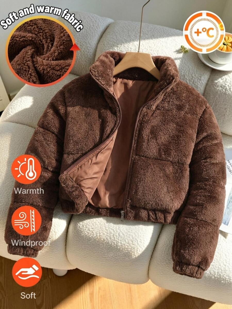 SHEIN 青少年女孩抓絨純色毛絨加厚修身收腰拉鍊夾克，假日秋冬校園社團棕色端莊可愛