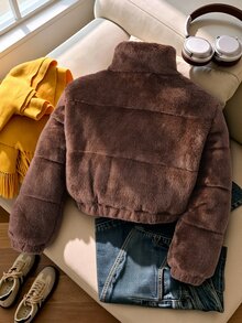 SHEIN 青少年女孩抓絨純色毛絨加厚修身收腰拉鍊夾克，假日秋冬校園社團棕色端莊可愛 - 棕色 - 查看 3