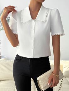 RosyDaze Women's Elegant White Blouse With Peter Pan Collar And Lace Trim Detail - White - View 8
