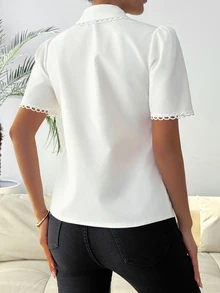 RosyDaze Women's Elegant White Blouse With Peter Pan Collar And Lace Trim Detail - White - View 2