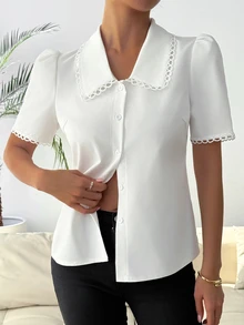 RosyDaze Women's Elegant White Blouse With Peter Pan Collar And Lace Trim Detail - White - View 4