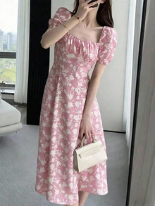 INAWLY 优雅碎花中长连衣裙，适合通勤和夏季穿着 - 淺粉色 - 查看 2