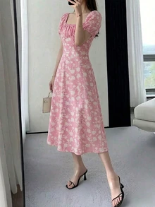 INAWLY 优雅碎花中长连衣裙，适合通勤和夏季穿着 - 淺粉色 - 查看 5