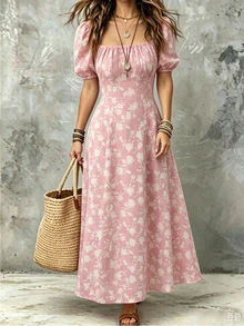 INAWLY 优雅碎花中长连衣裙，适合通勤和夏季穿着 - 淺粉色 - 查看 1