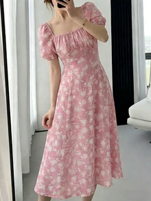 INAWLY 优雅碎花中长连衣裙，适合通勤和夏季穿着 - 淺粉色 - 查看 4