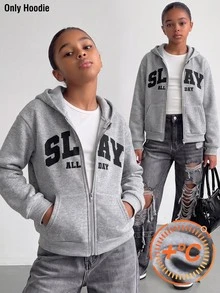 青少年女孩刷毛拉鍊灰色 Slay 字母印花長袖運動衫，適合秋冬校園日常街頭穿搭 - 灰色 - 查看 6