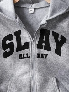 青少年女孩刷毛拉鍊灰色 Slay 字母印花長袖運動衫，適合秋冬校園日常街頭穿搭 - 灰色 - 查看 8