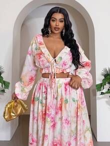 Veslaya Spring/Summer Romantic Casual Elegant Floral Print Cropped Top And Skirt Set Vacation Beach Wedding Guest Party Date Plus Size Floral White - Multicolor - View 6